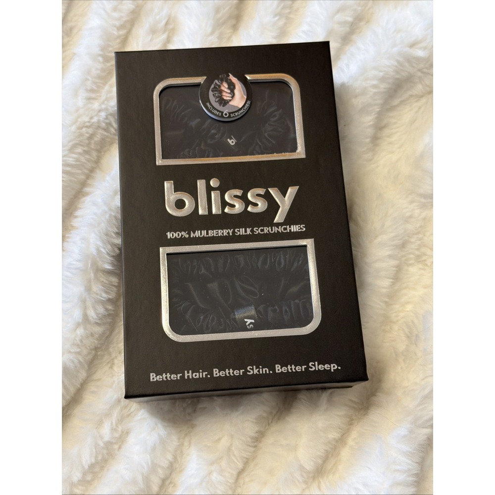 Blissy 100% Mulberry Silk Hair Scrunchies Black NIB 6 Pieces